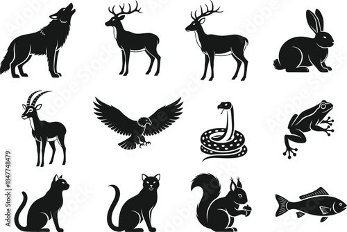 Collection of Wild and Domestic Animal Silhouettes and Icons, Including Deer, Wolf, Eagle, Frog, Cat, Rabbit, Squirrel, Snake, and Fish, for Nature.