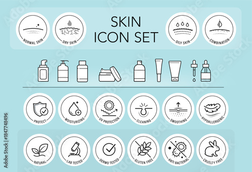 Skin types and cosmetics icon set. The outline icons are well scalable and editable. Contrasting elements are good for different backgrounds. EPS10.