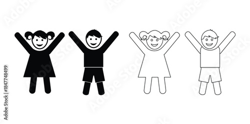 Boy and Girl Children Icons Showing Happy Poses in Flat Silhouette Style. kid icon boy girl Children figures icon in black isolated white background.
