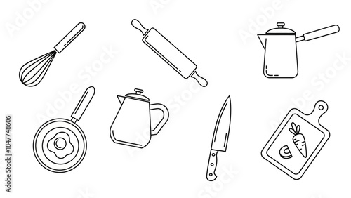 Minimalist Line Art Illustration of Various Kitchen Utensils for Cooking and Food Preparation