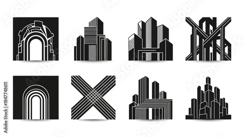 Modern City Skyline and Architectural Geometric Designs Abstract Icon Set