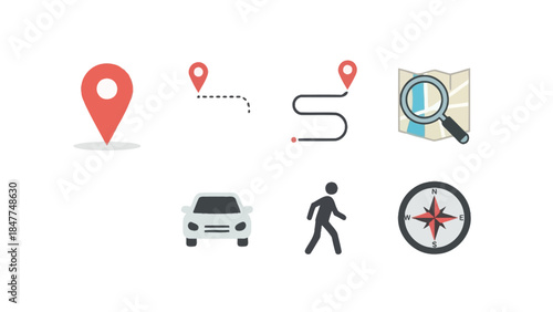 Navigation and travel icons for route planning and direction finding