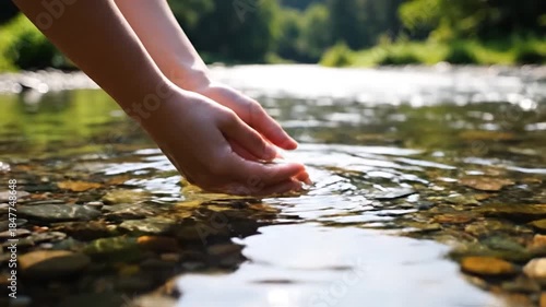 Hands Cupping Water in a Clear Stream - A Moment of Tranquility.
