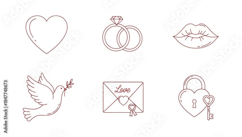 Romantic symbols of love heart rings dove envelope lock and key kiss outline design