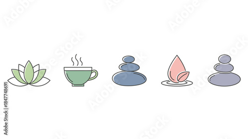 Serene icons representing wellness, relaxation, and nature's tranquility