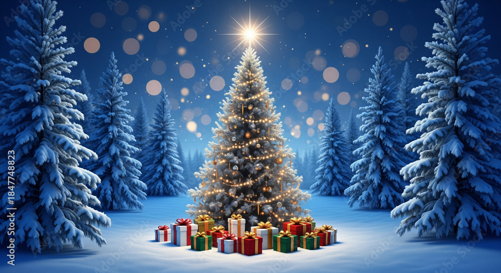 Obraz premium Christmas tree on snow in winter fir forest at night with gift boxes and shiny star