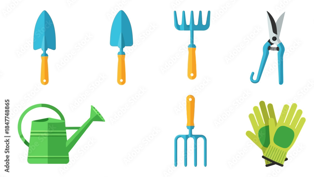 Obraz premium Set of bright colorful cartoon flat design garden tools for planting and gardening