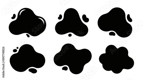 Set of black abstract blob shapes with liquid splatter effect on white background