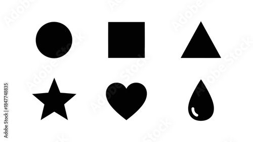 Set of Black Geometric Shapes and Symbols on a White Background