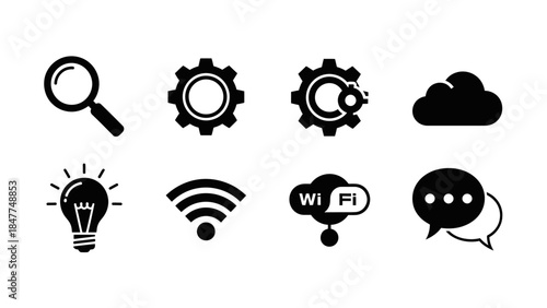 Set of black technology icons including search, gears, cloud, wifi, and chat bubbles