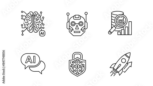 Set of artificial intelligence and technology icons with a clean line art design