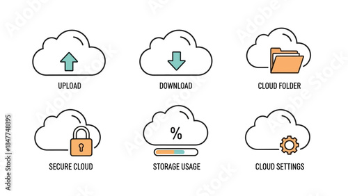 Set of Cloud Computing Icons for Upload Download Security Storage and Settings