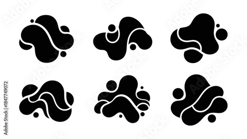 Set of organic black fluid shapes and blobs with small dots and lines on a white background