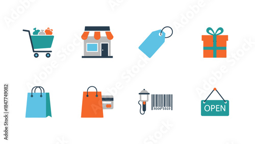 Set of shopping and retail icons in flat design style minimal 50 characters, maximum 100