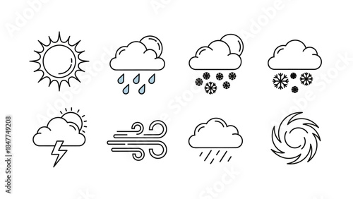 Simple weather icons including sun rain snow wind lightning and hurricane