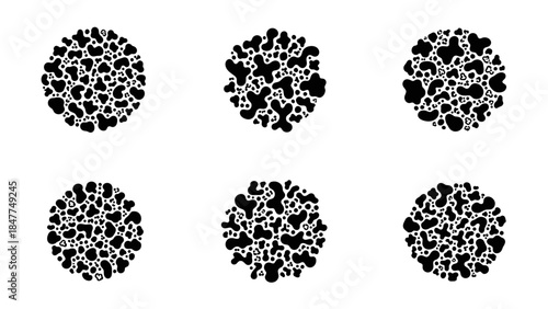 Six Black and White Circular Abstract Patterns Composed of Irregular Shapes for Graphic Design