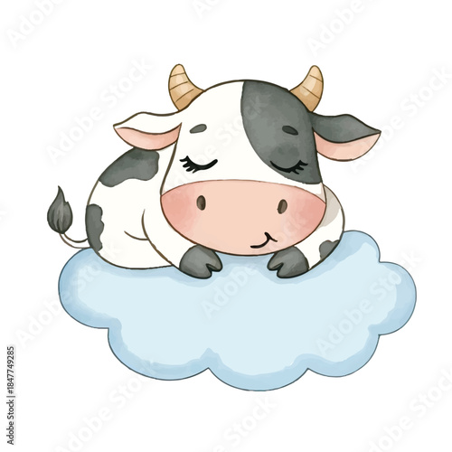 A cute funny cartoon cow smiling and holding milk on a green farm grass field