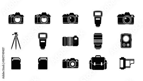 A Collection of Black and White Icons Representing Photography Equipment