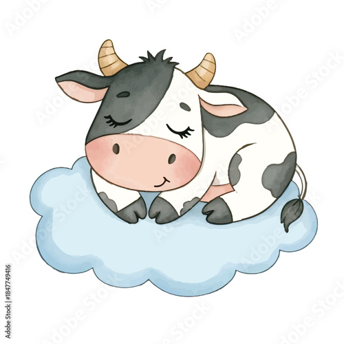 A funny cartoon cow holding milk and smiling on a farm