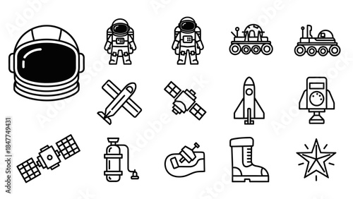 A collection of outline icons representing space exploration and technology elements