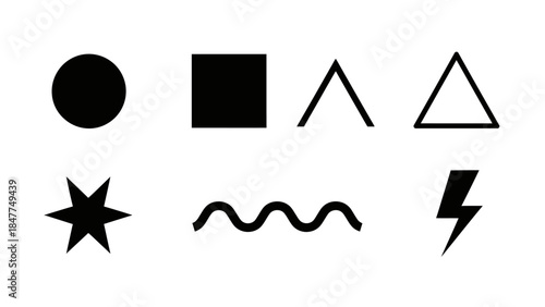 A collection of simple black geometric shapes on a white background representing basic forms and
