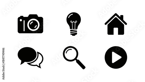 A collection of simple black and white icons representing common digital actions and concepts