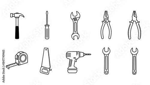 A collection of simple line art icons representing various common hand and power tools for DIY and