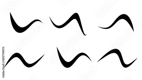 A collection of six stylish black brush stroke graphic elements on a white background