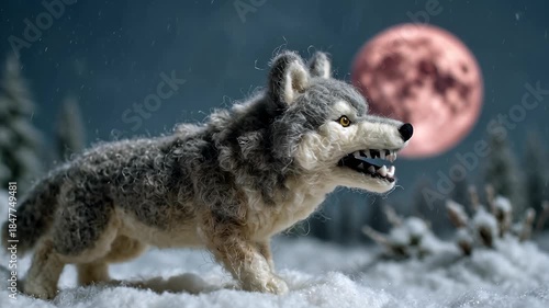 A fierce wolf howls at a blood moon in a snowy forest at night.