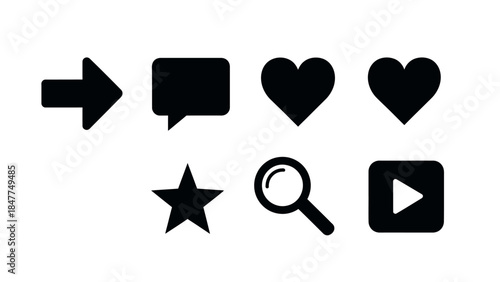 A collection of social media and navigation icons presented in solid black against a white