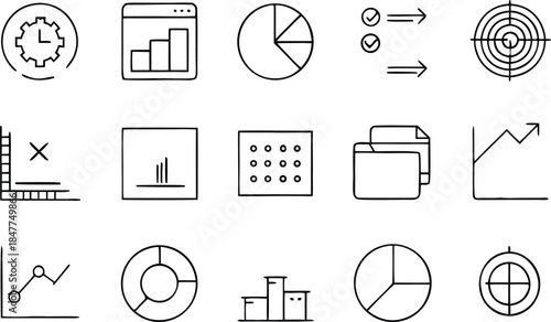 Black and white of various data visualization charts and graphs
