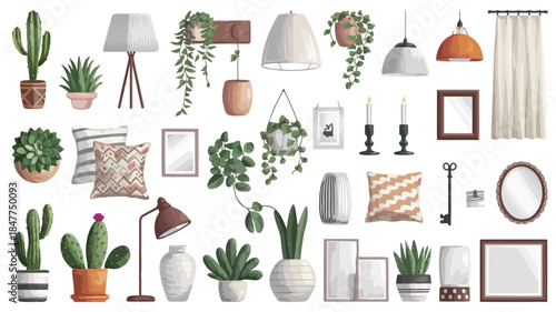 Modern interior design elements including plants, lamps, and decorative items arranged on a