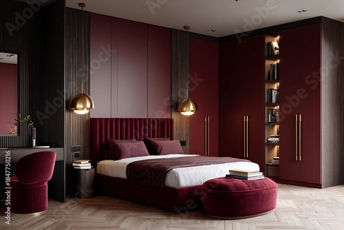 Modern bedroom design in deep red and gold tones