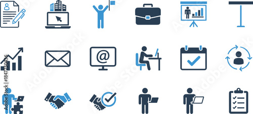 Business workflow icons set, professional office management symbols, teamwork communication productivity planning analytics presentation calendar email laptop corporate vector illustration