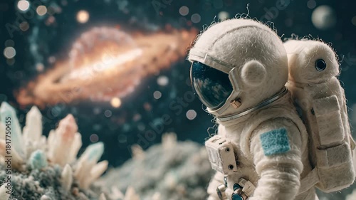 Astronaut Exploring Alien Planet with Galactic Background and Crystal Formations.