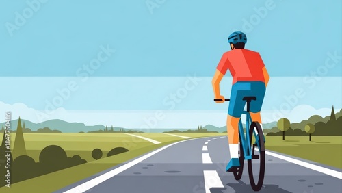 Cyclist riding on a scenic country road with green fields and distant hills under a clear sky.