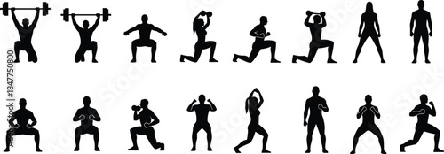 Fitness training silhouette exercise poses, gym workout icons, strength training bodyweight exercises, athletic men full body movement set, sport routine health illustration black figures white 