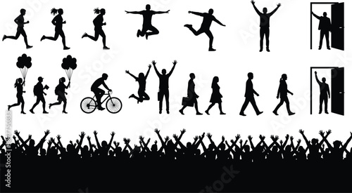 Human activity silhouettes set, showing walking running jumping cycling crowd celebration social lifestyle movement people icons isolated white background vector illustration design collection concept