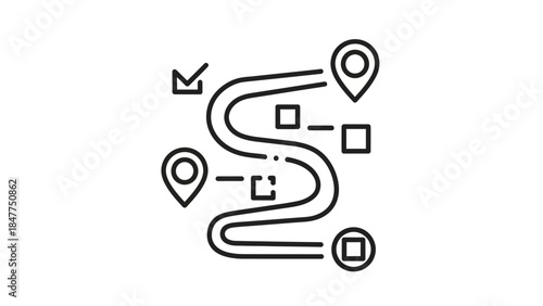 Minimalist road map icon illustrating navigation and route planning in black outline style