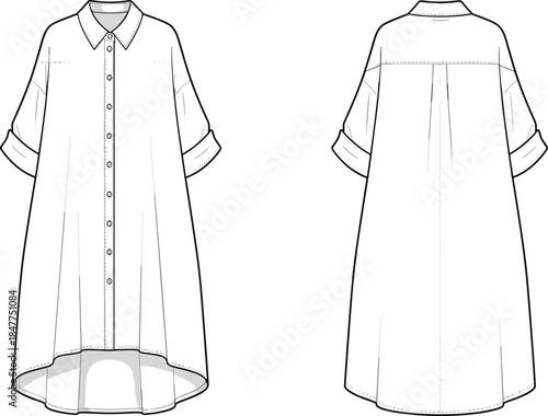 Women button-front shirt dress technical fashion illustration with pointed collar, rolled short sleeves, high-low hem, and back yoke