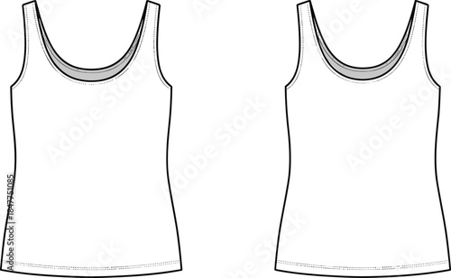 Women basic sleeveless tank top technical fashion illustration with scoop neckline, clean hem, front and back views