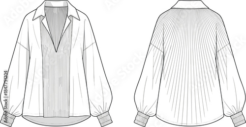 Women long sleeve pleated blouse technical fashion illustration with open collar V-neck, front placket panel, gathered back yoke, and cuffs