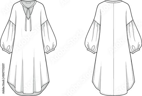 Women long sleeve tunic dress technical fashion illustration with keyhole neckline, balloon sleeves, relaxed silhouette, and curved hem