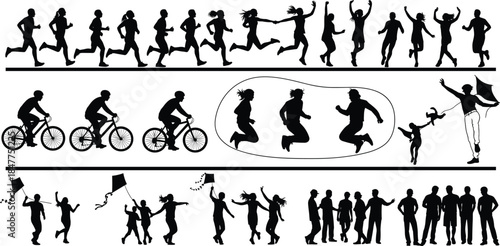 People silhouettes collection, showing running, jumping, cycling, dancing, walking, celebrating activities, isolated black icons set for sport fitness lifestyle illustration design 