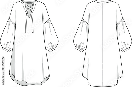 Women long sleeve tunic dress technical fashion illustration with notched neckline, tie detail, balloon sleeves, and curved hem