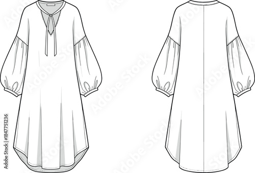 Women long sleeve tunic dress technical fashion illustration with keyhole neckline, dropped shoulder seams, gathered sleeves, and curved hem