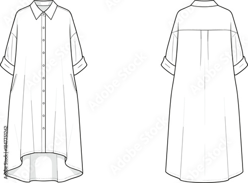 Women oversized button-front shirt dress technical fashion illustration with pointed collar, rolled sleeves, high-low hem, and back yoke
