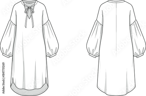 Women long sleeve tunic dress technical fashion illustration with tie neckline, balloon sleeves, relaxed silhouette, and curved hemWomen long sleeve tunic dress technical fashion illustration