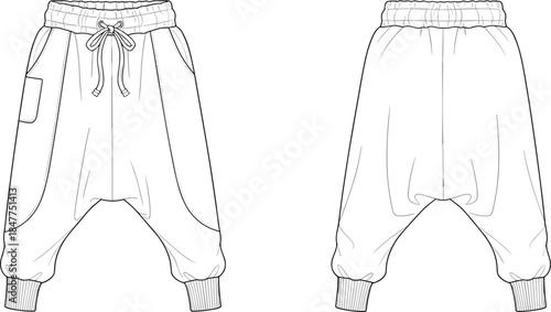 Women’s drop-crotch jogger pants technical drawing with elastic waistband, drawstring, ribbed cuffs, front and back views