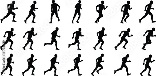 Running man silhouette icon set, athlete motion poses, jogging sprint action, fitness exercise symbols, black human figures, sports movement collection isolated white background